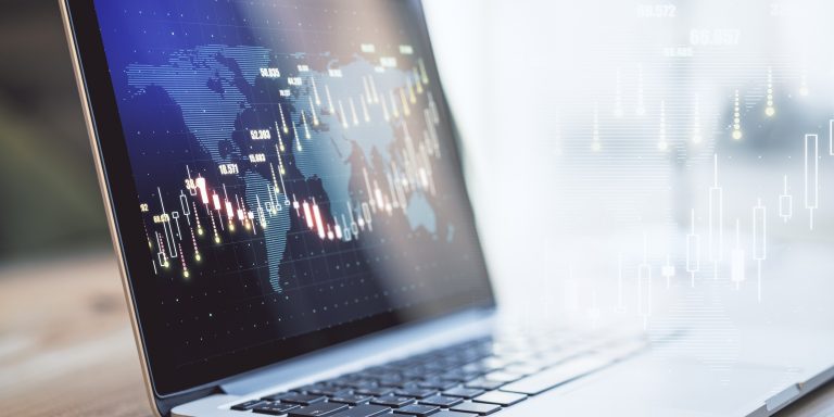 Global forex trade market concept with virtual financial graphs and market exchange indicators on laptop screen at background. Double exposure. Capitalizing On Generative AI Market