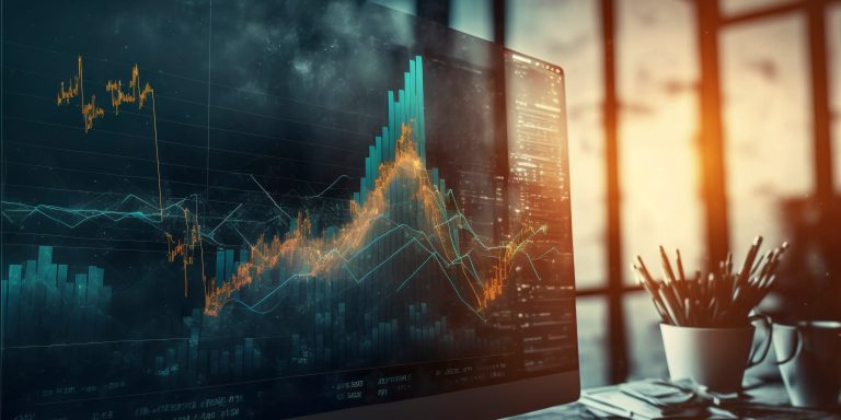 Double exposure of abstract creative financial diagram on modern laptop background, banking and accounting concept. ai generative.