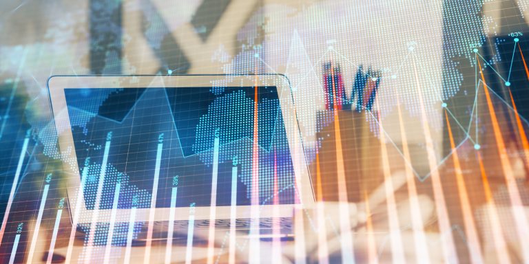 Forex market chart hologram and personal computer background. Multi exposure. Concept of investment.